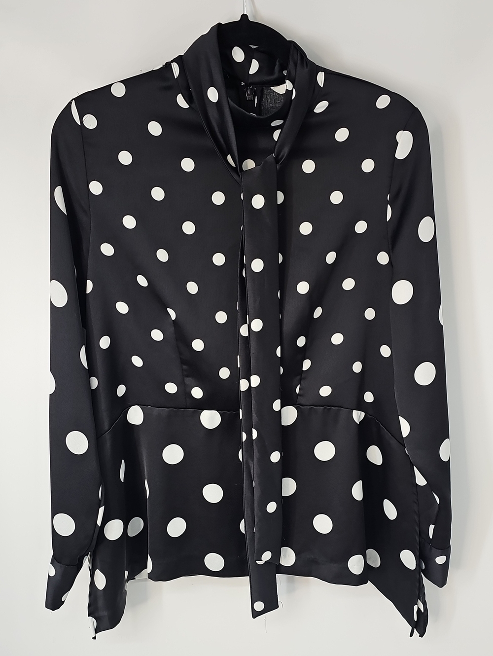 Black & White Peplum Waist Polka Dot Tie-Neck Blouse w Back Zipper & Side Slits